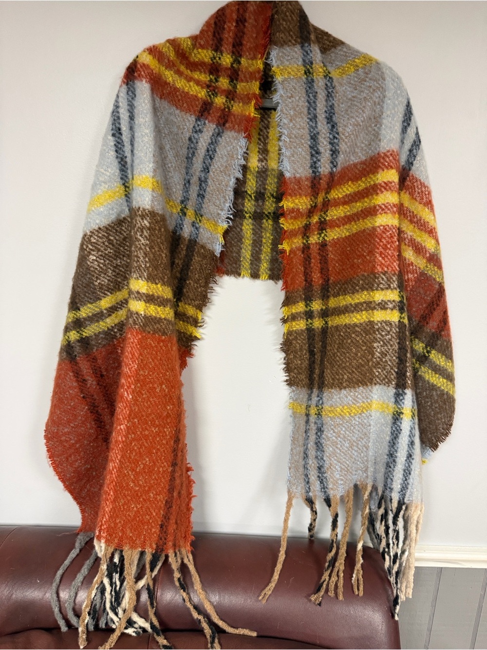 Oaklee Chunky Scarf Plaid Soft Oversized Fringed Winter Autumn Colors NWT